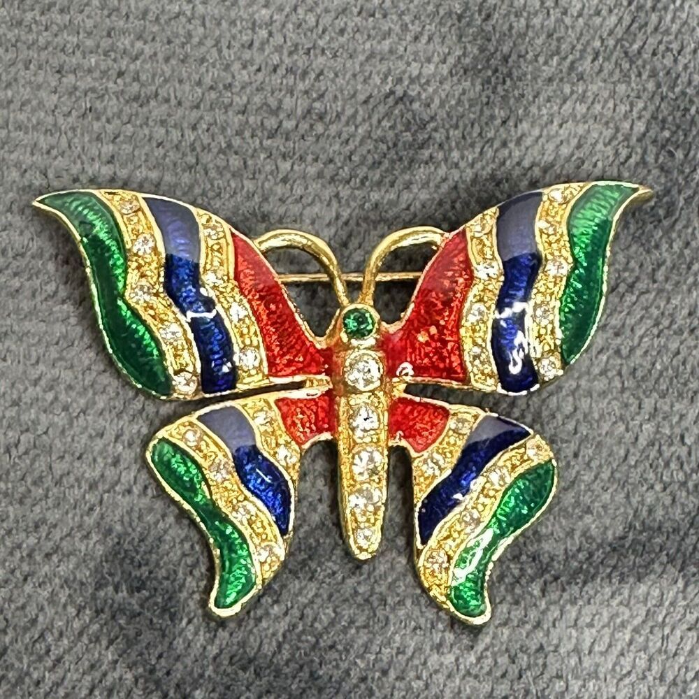 Vintage Butterfly Enamel Brooch Pin Gold Tone Red Blue Green Rhinestones Shiny